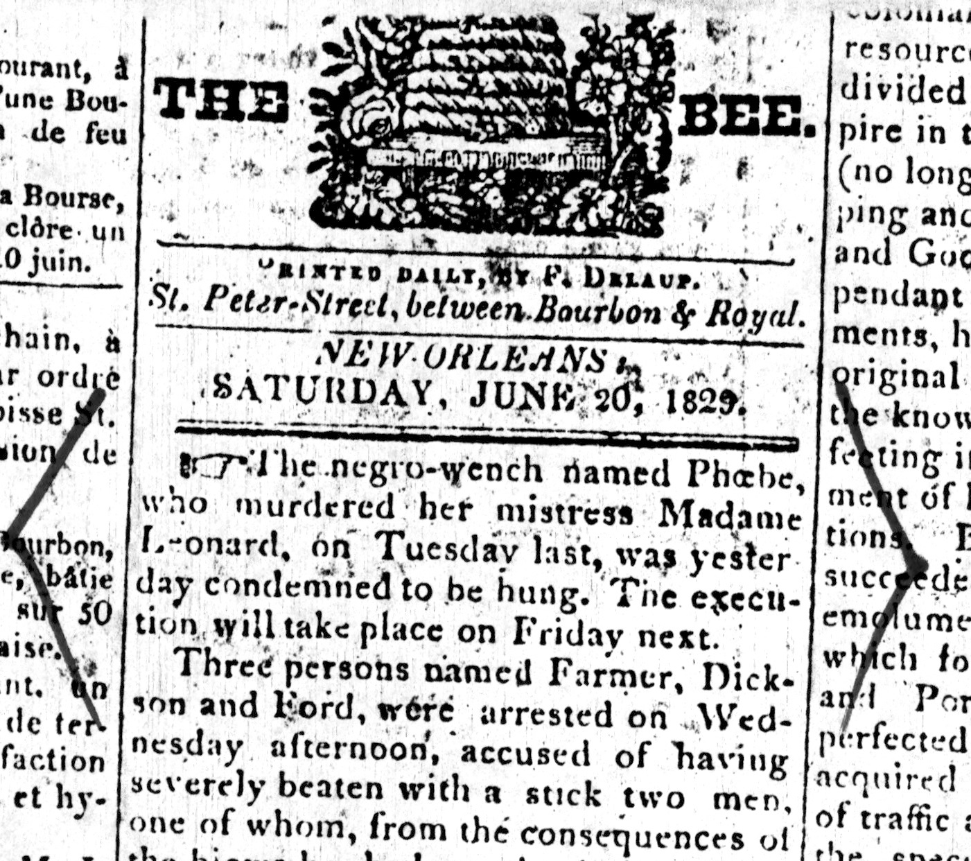 Second article from the 1829 New Orleans Bee which is one of the few known primary sources documenting the case.